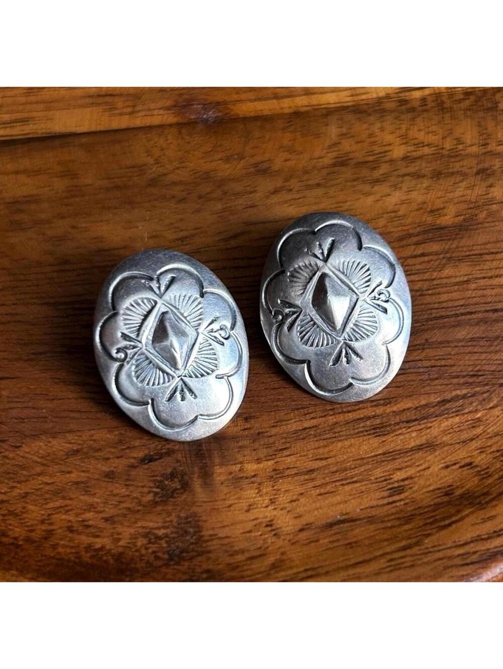 Vintage Sterling Silver Clip On Earrings Southwestern Stamped Floral